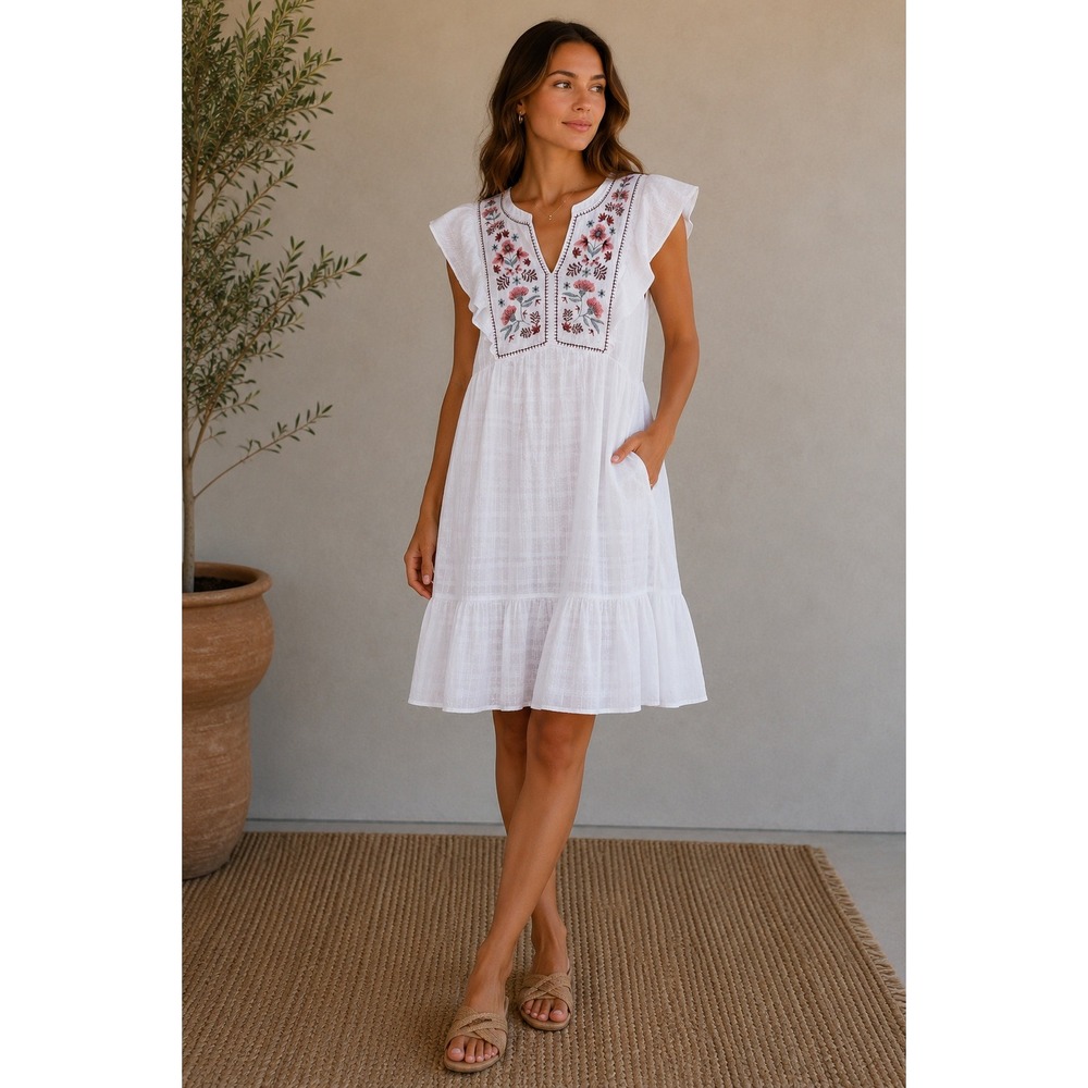 Sonoma Embroidered Flutter Sleeve Dress Womens Large White Boho Cottagecore